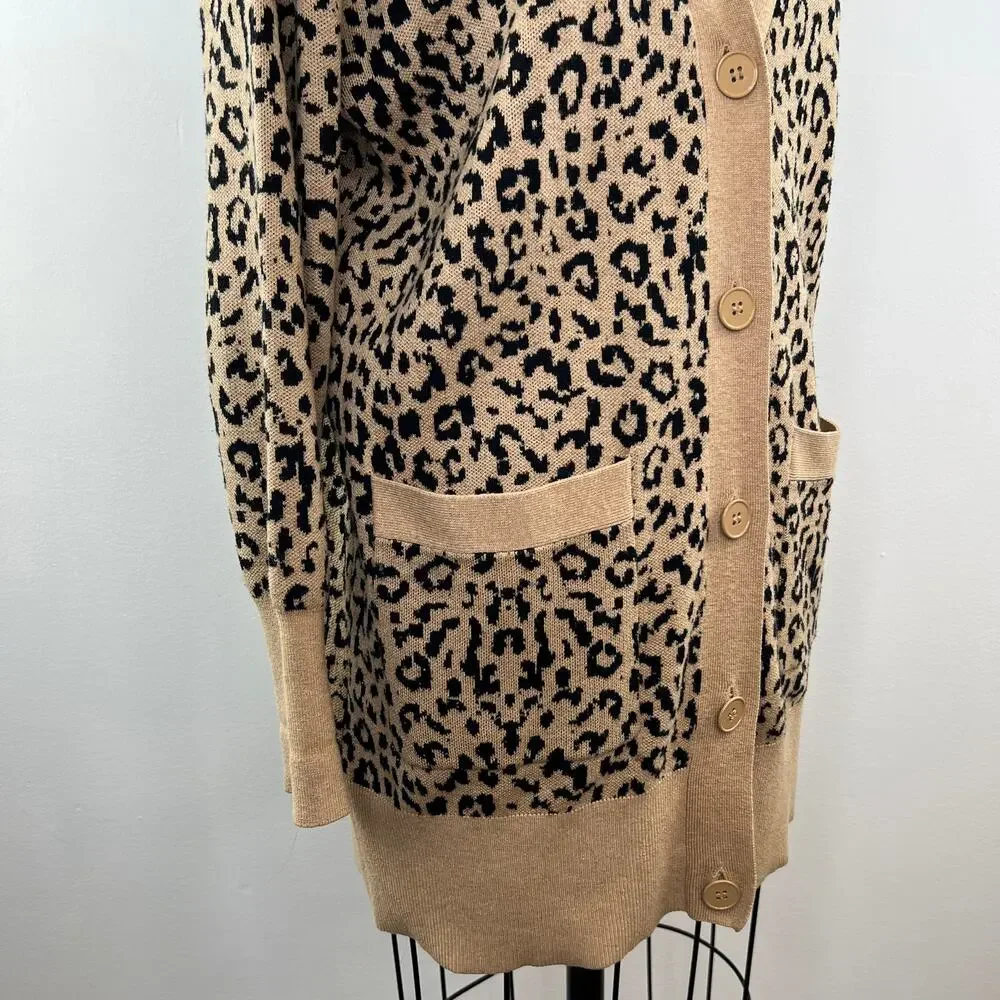 J. Crew V-neck Cardigan Sweater in Leopard Jacquard Relaxed Merino L1128 S